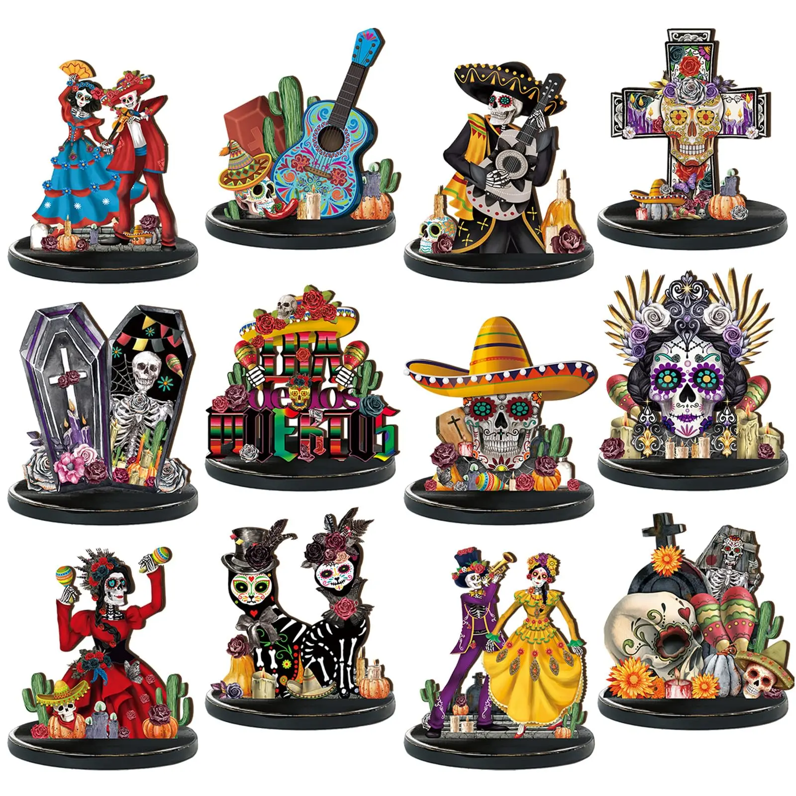 Day of the Dead Table Centerpiece Decorations Wooden Sugar Skull Couple Desktop Decor for Dia De Los Muertos Altar Mexican Fiesta Halloween Party Supplies