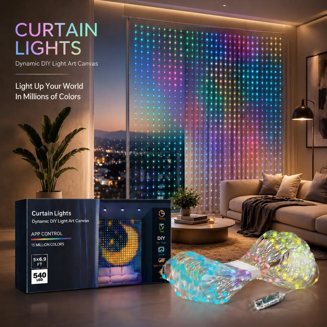 Smart RGBIC Curtain Lights, 400 LED App-Controlled Color-Changing Fairy Lights with Music Sync and DIY Mode for Bedroom, Party and Wall Decor