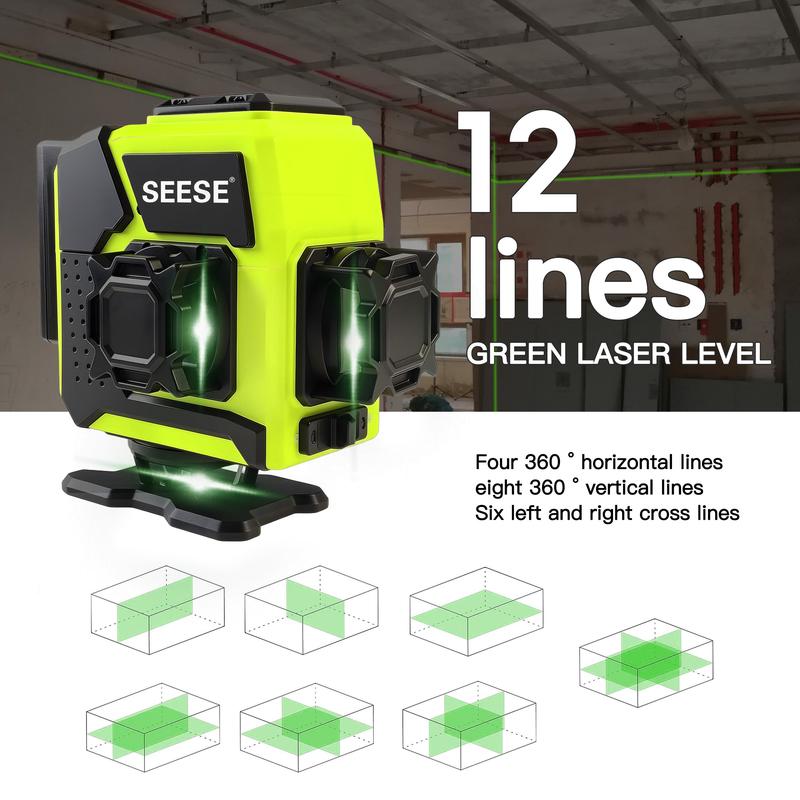 SEESE 12-Line Green Laser Level,3x360° Self-Leveling, Remote Control, Dual Batteries, Full Accessories for Tile, Cabinet & Home Improvement