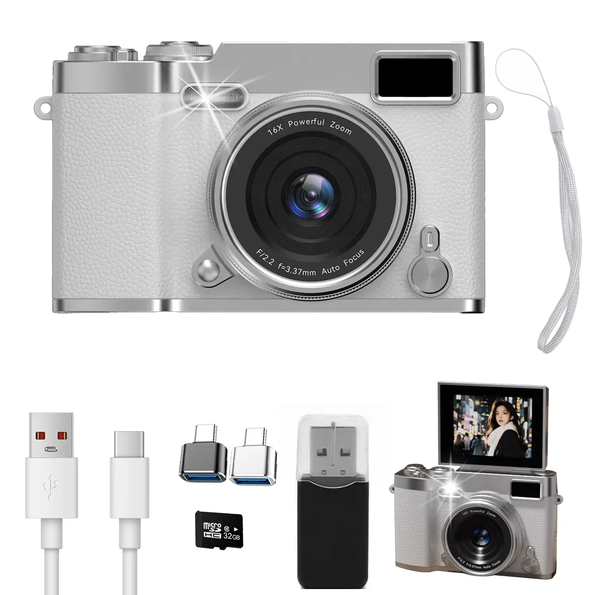 White Retro CCD Digital Camera, Original Standard Package Without Internal Memory, Complete Bundle Equipped with 32GB Memory Card, Card Reader & Adapter, Compact Vintage Digicam for Daily Shooting, Travel & Student Vlogging