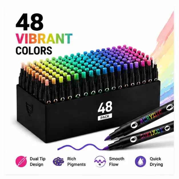 Dual Tip Acrylic Paint Markers – Waterproof Permanent Paint Pens with Brush & Fine Point, 96 Color Artist Marker Set for Rock Painting, Wood, Canvas, Glass, Ceramic, Plastic, Fabric, School Projects, DIY Crafts, Scrapbooks & Creative Drawing toy card