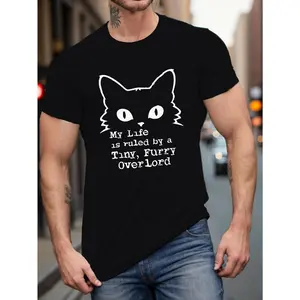 Plus Size Men's Cat Graphic Crew Neck T-Shirt - 100%  Knit Fabric Casual Tee with Slight Stretch,  Geometric Cat Overlord Print Short Sleeve Top for Summer - Regular Fit Adult Casual Wear