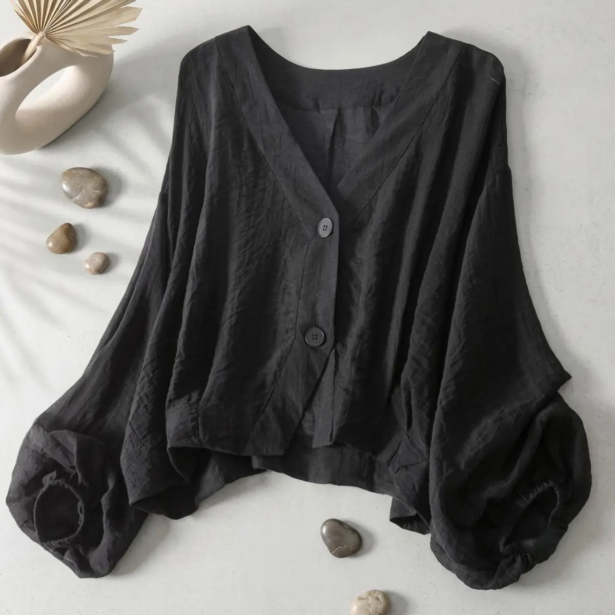Women's Minimalist Linen Texture Summer Kimono Cardigan Top - Loose, Lightweight, Sun-Protective, Casual V-Neck Long-Sleeve Blouse for Women's Clothing, Kimono-Style Outfit, Plain Elegant Tops with Black, White Options
