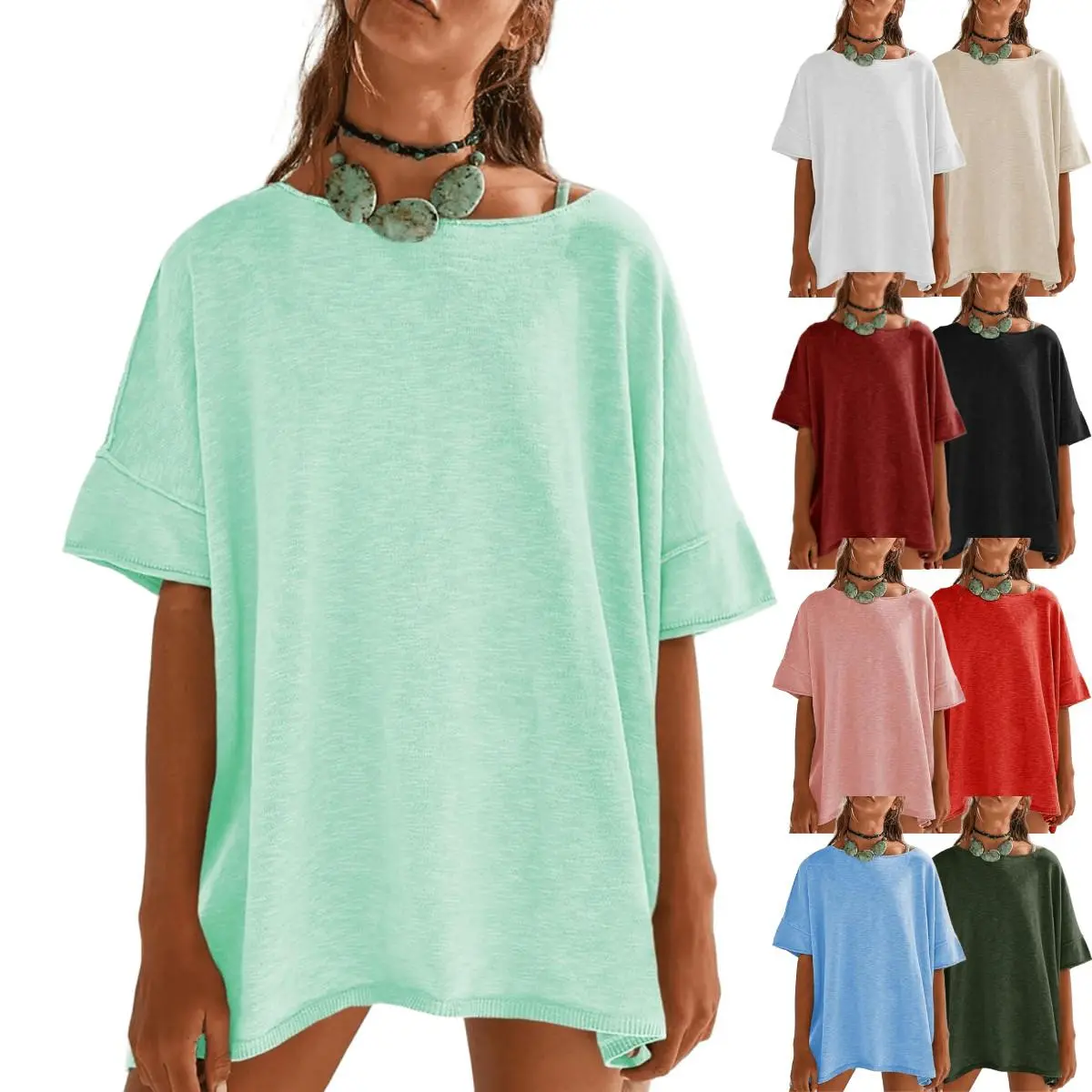 Imily Bela Women's Oversized T Shirts Casual Summer Crew Neck Loose Dropped Short Sleeve Side Slit Hem Blouse Tunic Tops Sweater Tee