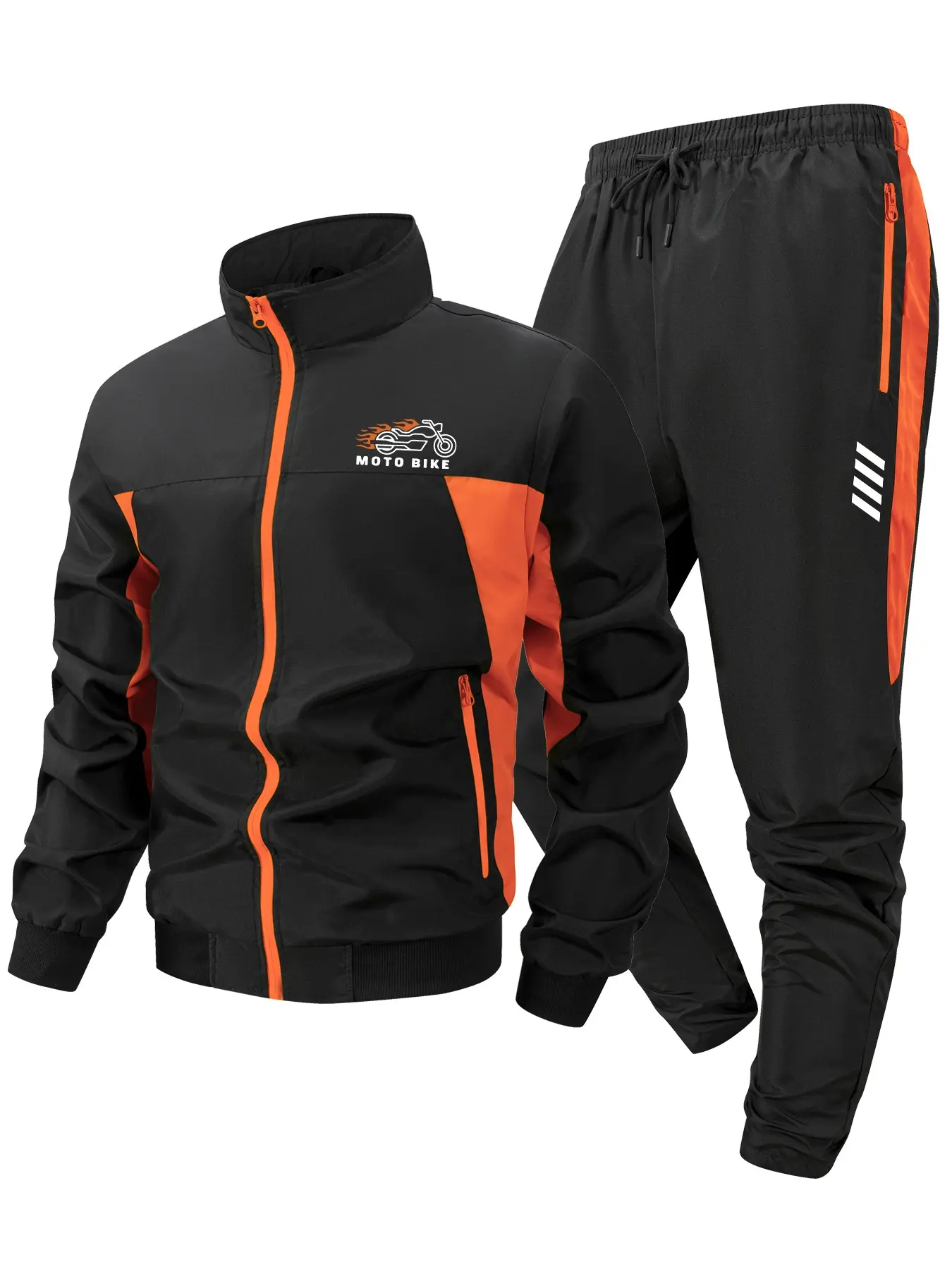 Moto Bike Print Colorblock Patchwork Tracksuit for Men, Spring & Fall Quick-Dry Breathable Sports Set, Sportswear Set, Windproof Stand Collar Long Sleeve Jacket, Zip Up Coat + Drawstring Elastic Waist Pants with Zipper Pockets, Sporty Style Clothes