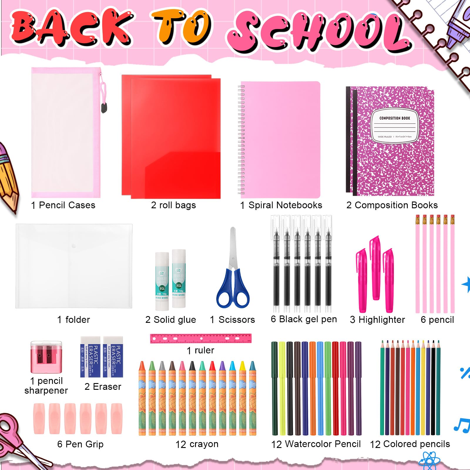 39 Pcs Back to School Supplies Kit, Include Pencils Scissors Ruler Eraser Crayon Sharpener Notebook Pencil Case Folder Notebook for Teachers & Kids - Supplies kit for Girls & Boys
