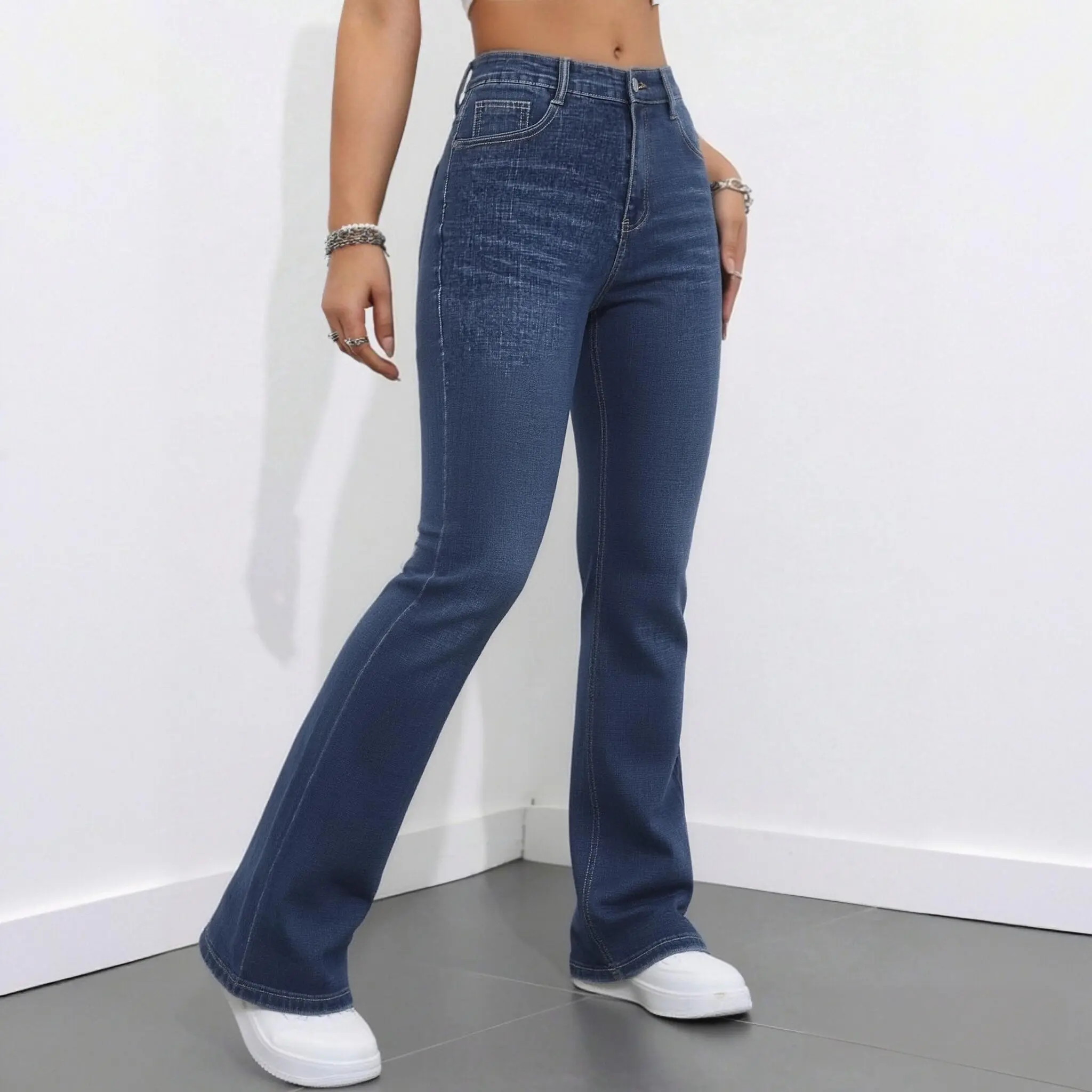 Women's Minimalist Mid-Waist Elastic Stretch Denim Slim-Fit Straight Leg Pants - Streetwear Basic Bottoms with Functional Pockets, Adjustable Comfortable Everyday Essential