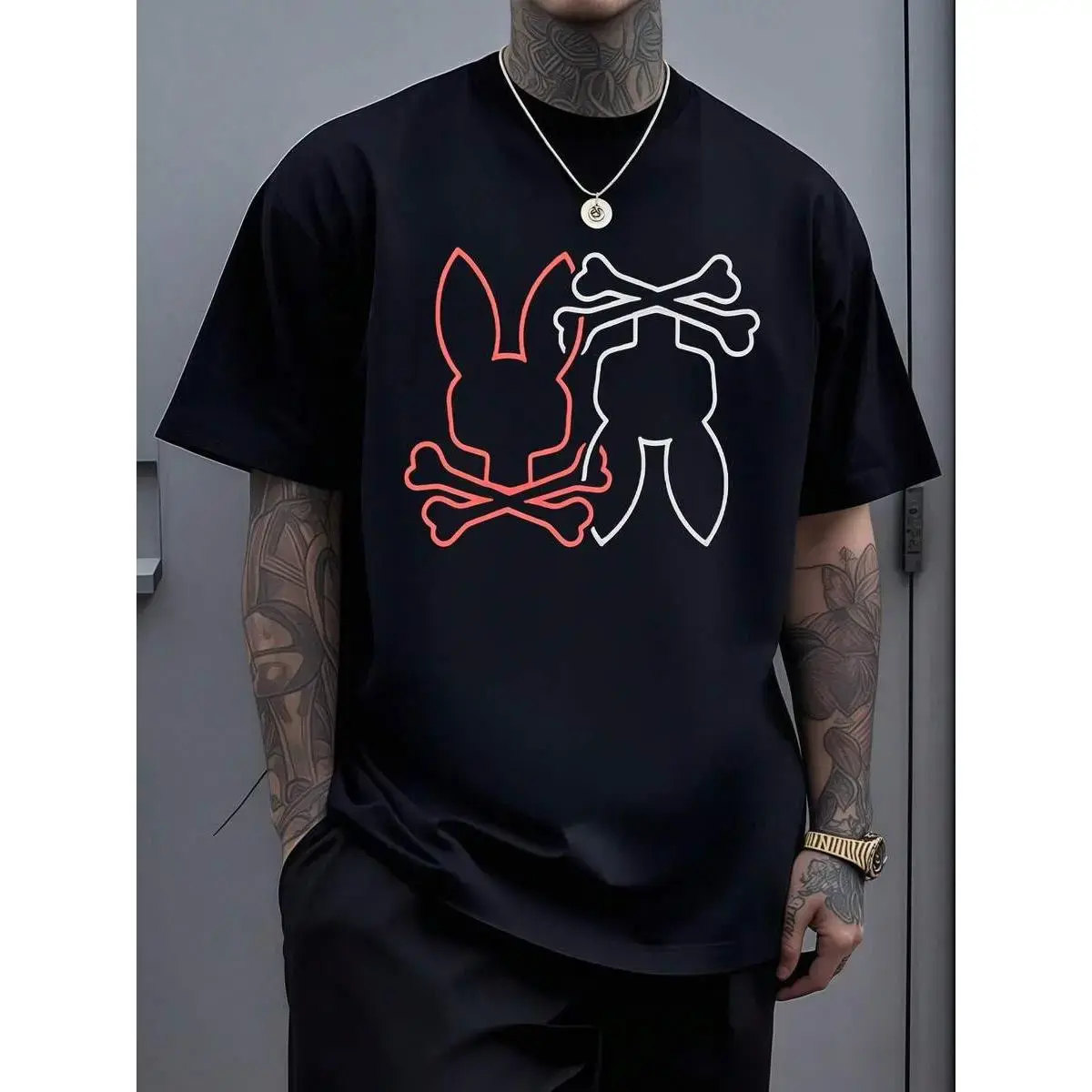 Men's Red & White Bunny Skull Graphic T Shirt, Cotton Crew Neck Short Sleeve Streetwear Tee, Breathable Mens Clothing, Gifts for Boyfriend, Graphic Tees, T Shirts