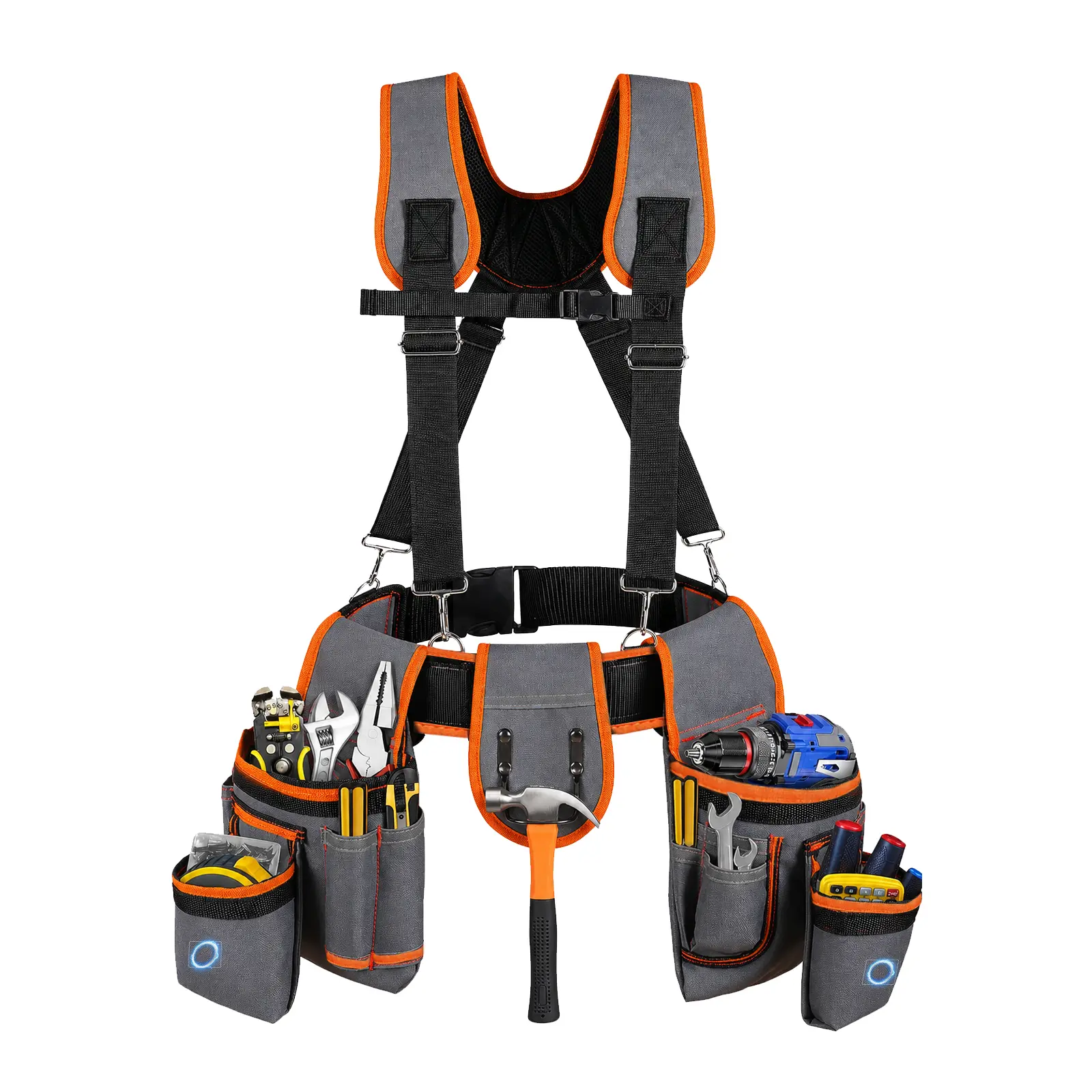 AddToGo Heavy Duty Tool Belt with Suspenders - Oxford Fabric Construction Tool Pouch, 18 Detachable Pouches, Quick Release Buckle, Padded Comfort Harness, Adjustable Fit (32-66 in Waist), Gray Orange for Motorhome Maintenance, Framing Work, Multiple Tools