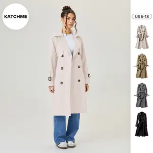 KatchMe Women's Versatile Solid Color Notch Lapel Double Breasted Detachable Belt Trench Coat, Fall & Winter Wrap Tie Waist Outerwear Jacket, Mid-Length Trench Coat(2)