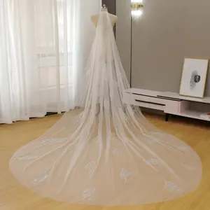 Sheer Tulle Bridal Veil | Minimalist Leaf & Sparkle Embroidery Silver Beaded Leaf Lace