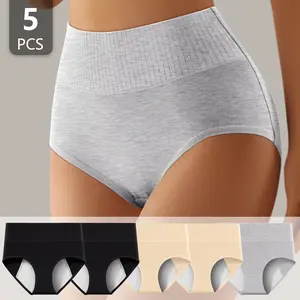 QUASTI 5PCS Women high waist Daily Wear Cotton Ribbed Period Panties Soft Leakproof High Absorbency s-xxl