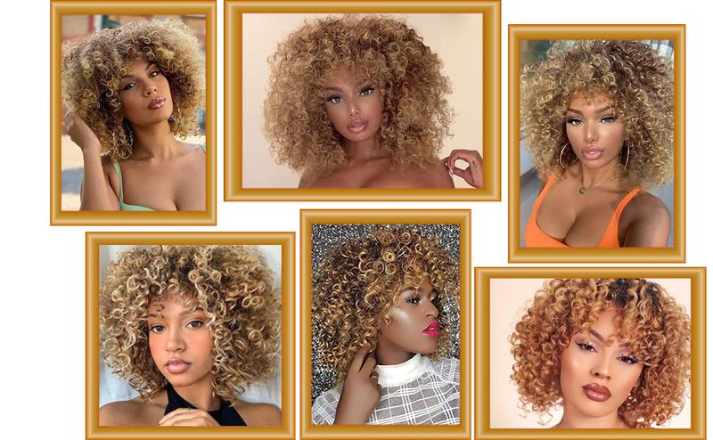 Xinran 14-inch Blonde Curly Synthetic Wig Brown Mixed Gold Afro Wig for Black Women Heat Resistant Everyday Wear Brown to Gold Style