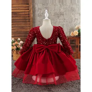 Girls' Sparkling Red Sequin Long Sleeve Dress with Bow Detail - Elegant A-Line Mid-Length Formal Gown Weddings, Stage Performances, Halloween & Christmas - All-Season Loose Fit Round Neck Party Dress Flower Girls & Occasions, Dresses W