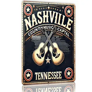 Nashville Country Music Capital Tin Sign with Acoustic Guitars and Stars Durable Iron Wall Art Weatherproof Indoor and Outdoor Decor