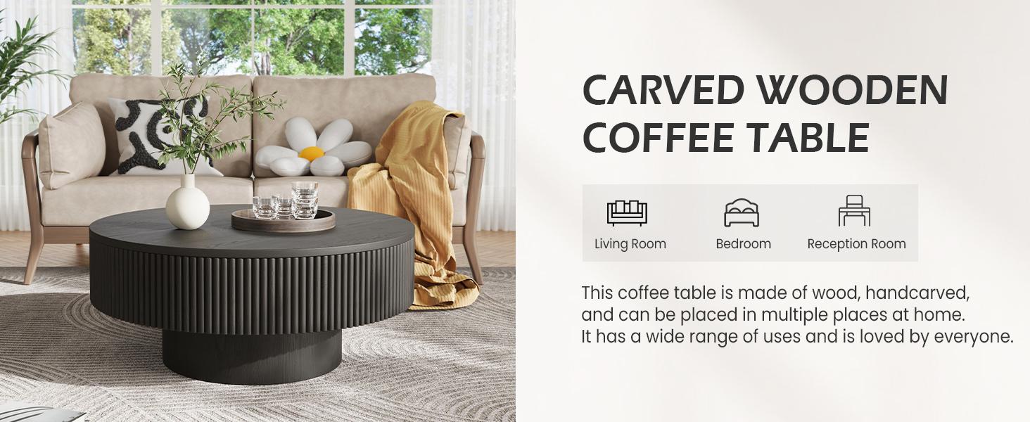 YOUDENOVA 31/35" Round Fluted Coffee Table Modern Wood Circle Veneer Handcrafted Relief Coffee Tables Living Room Black MDF Material Easy Assembly Bedroom Furniture SpringBreak