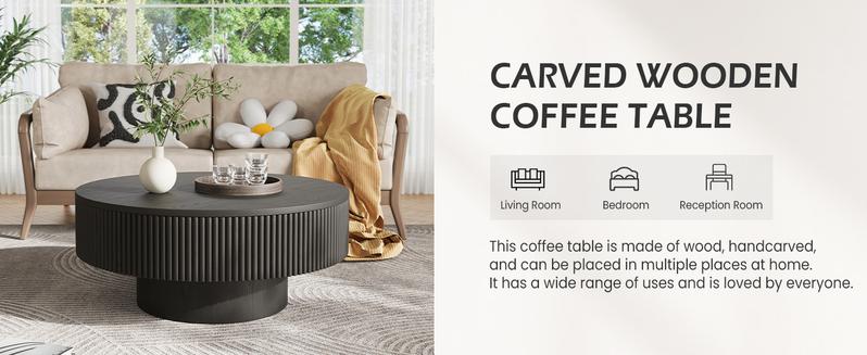 YOUDENOVA 31/35" Round Fluted Coffee Table Modern Wood Circle Veneer Handcrafted Relief Tea Table with Sturdy Pedestal for Living Room Black MDF Material Easy Assembly rios  interiors