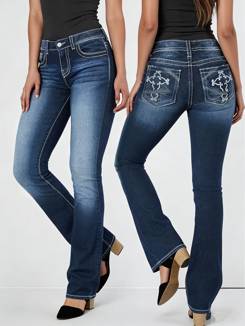 Women's High-Waisted Stretchy Wide-Leg Jeans Flared Bootcut Denim with Pockets Tummy Control & Butt-Lifting Fit Distressed Details Comfortable Everyday Wear