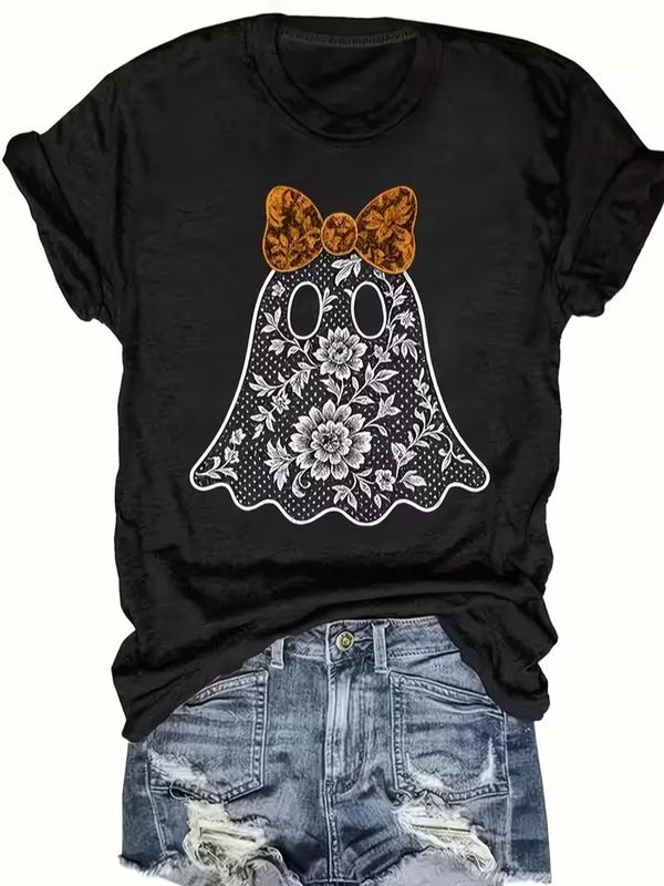 Men's Soft Round Neck Orange Printed Floral Ghost with Pumpkin Bow Graphic T-Shirt - Aesthetic Retro Fall Halloween Party Casual Short Sleeve Funny Meme Top