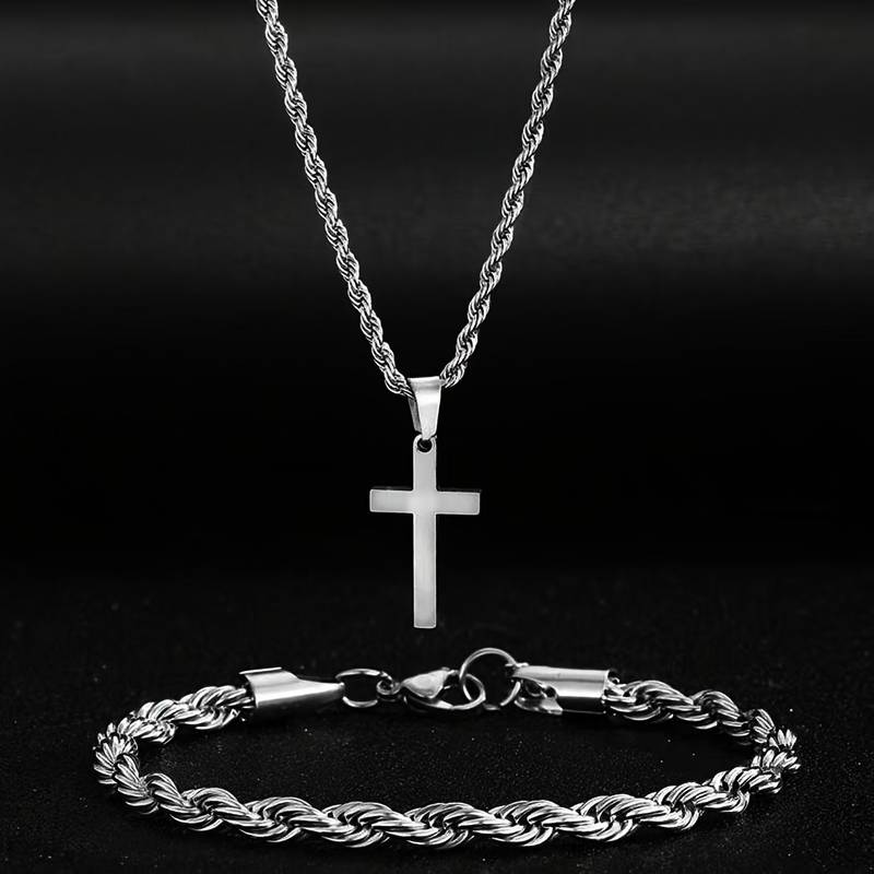 2pcs Stainless Steel Cross Necklace and Bracelet Set for Men, Twisted Rope Cross Pendant Jewelry Set for Men and Women, Perfect for Casual Parties