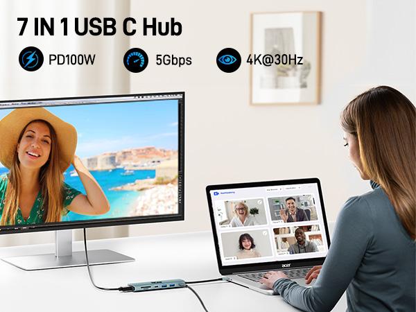 Acer 7-in-1 USB-C Hub Multi-Port Adapter for Laptop 4K HDMI Splitter 2 USB-A 3.1 Type-C PD 100W SD Card Reader Space Grey