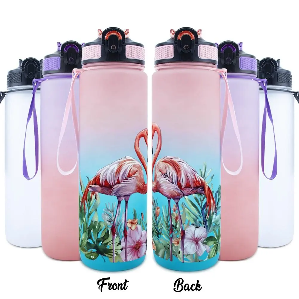 Flamingo & Tropical Flowers Pattern Water Bottle, 1 Count 32oz Sports Water Bottle with Time Marker, Suitable for Sports, Fitness, Outdoor Travel, Drinkware