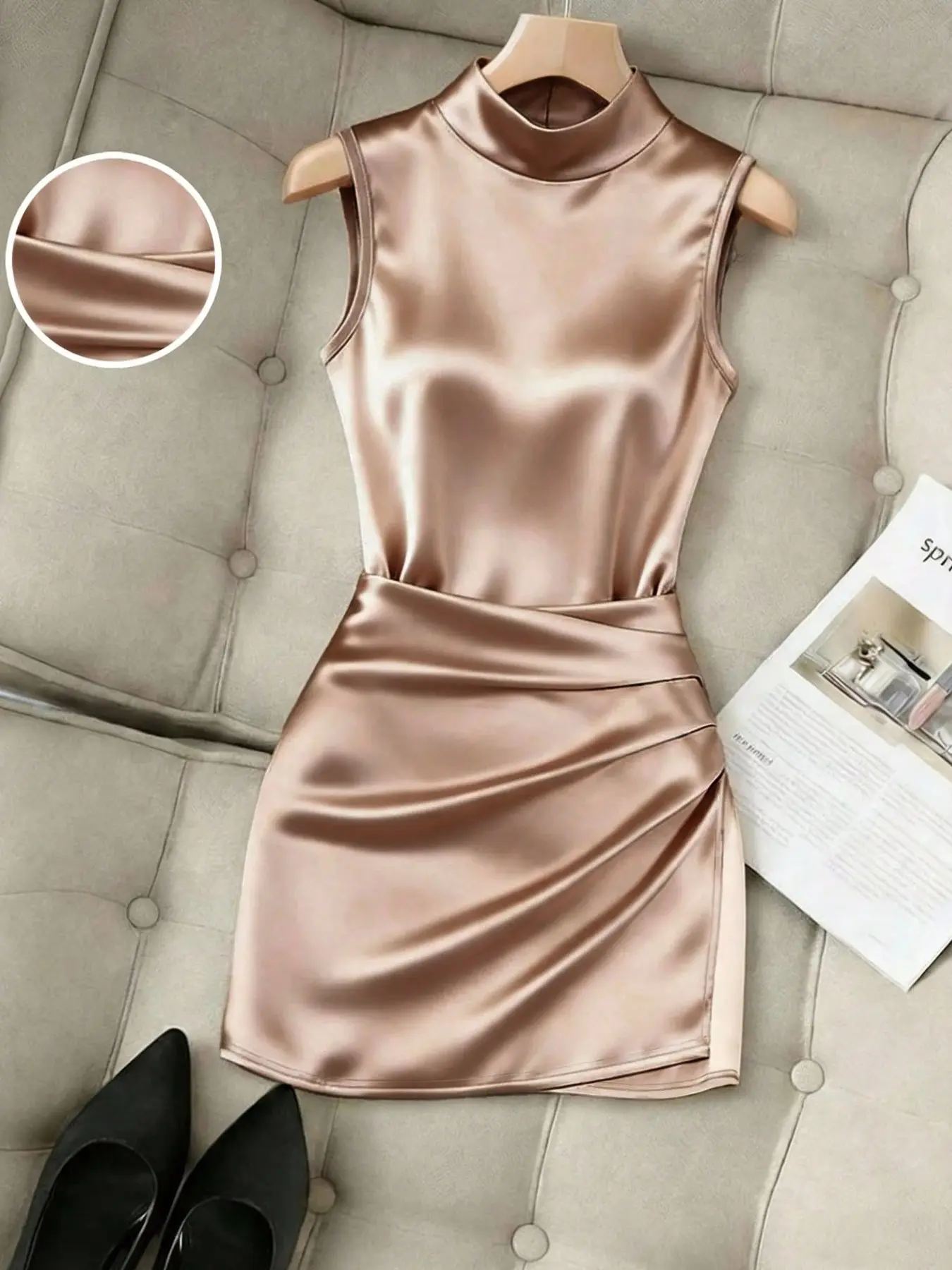 Women's Half High Neck Slim Fit Mini Dress, Split Sleeveless Evening Gown, Elegant Chic Party Wear Style, Perfect for Special Occasions, Fitted Elegant Dress, Dresses for Party