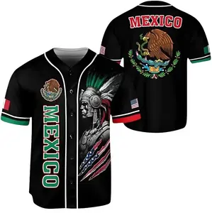 Mexico Baseball Jersey Shirt Black Button Up, Aztec Warrior Headdress Graphic, Mexican Eagle Coat of Arms, Mexico Pride Fan Wear