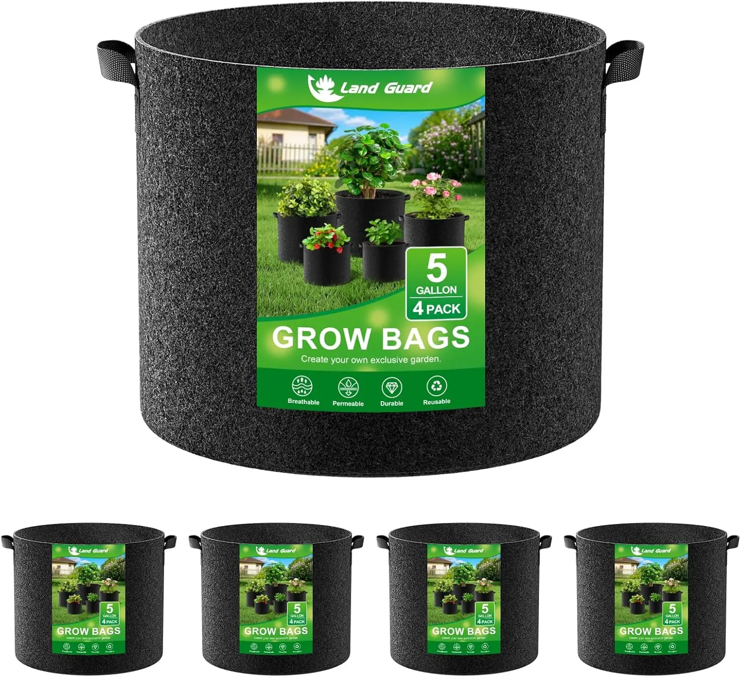 Land Guard 4-Pack 5 Gal Thickened Nonwoven Fabric Grow Bags, Handle-Equipped Garden Pots, Black Home Improvement Garden Supplies