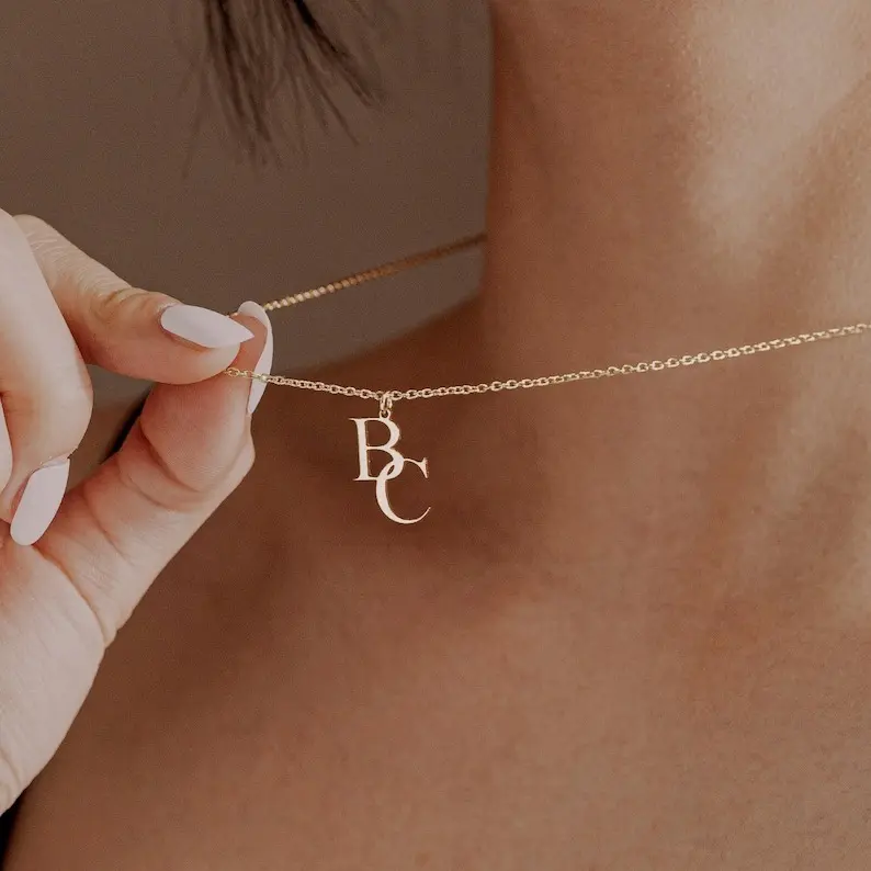 AS184 Custom Interlocking Initial Necklace,  Combined initials Gold Couple Monogram Pendant, Personalized His and Hers Letter Jewelry, Anniversary Gift for Girlfriend, Valentine's Day Present Customized Two Initials Necklace Gold Rope Chain