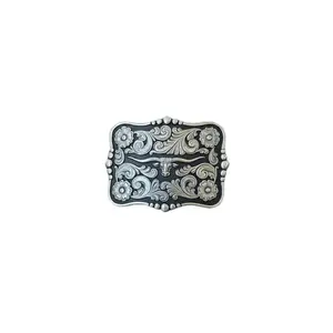 Longhorn Floral Western Belt Buckle – Black Background Engraved Silver Rectangle