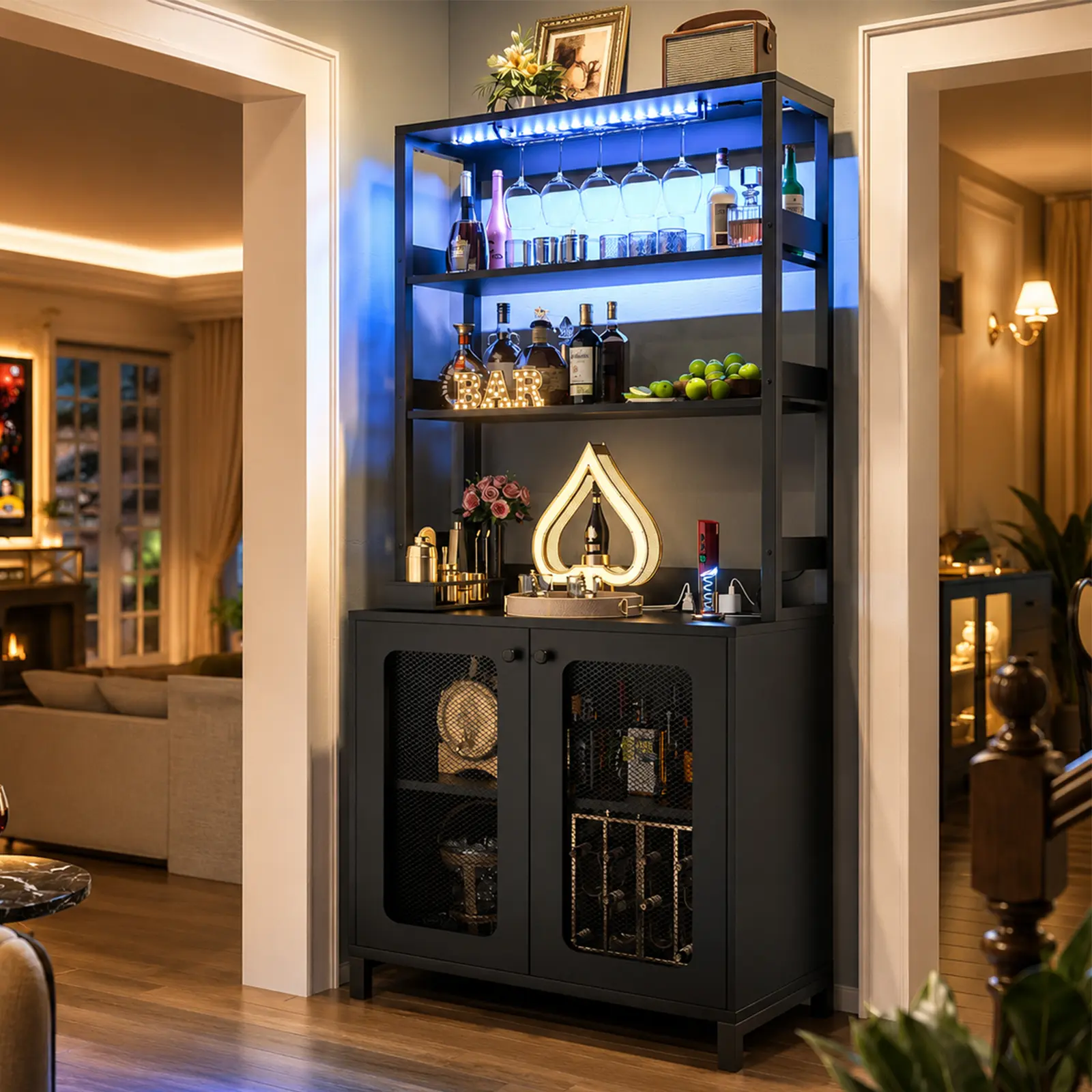 67" Tall Wine Bar Cabinet with RGB LED Lights & Charging Station, Coffee Bar Cabinet Home Bar liquor Cabinet for Home with Hutch ＆ Glass Holder,dorm essentials,home decor