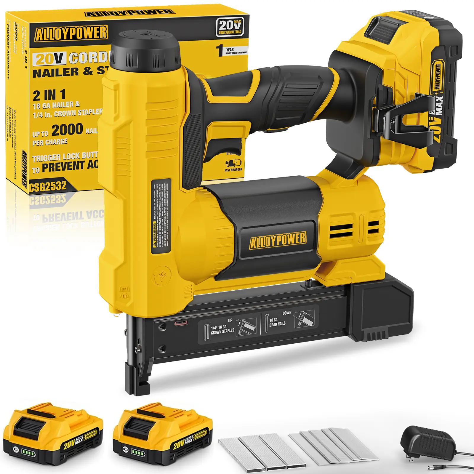 2 in 1 Cordless Brad Nailer/Electric Stapler with 2.0Ah Battery and Charger,1000pcs Nails and 500pcs Staples Included for Home Improvement & Woodworking, Christmas and New Year Gift Guide – Best Holiday Picks