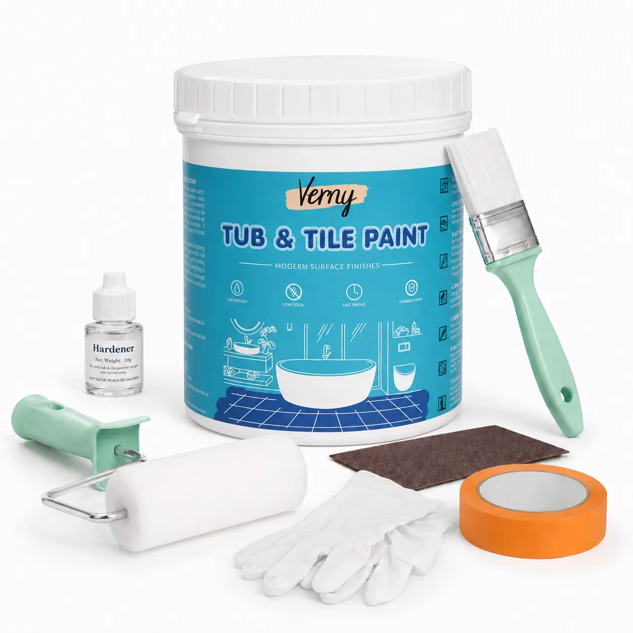 Water-Based Bathtub Refinishing Kit - 16.5 oz Low Odor Semi-Gloss White Paint, Quick Dry, Easy Application, Tool-Included for Bathroom Sinks, Countertops, Kitchen Sinks, Toilet; Waterbased Cleanup