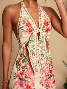 Women's Floral Halter Mini Dress | Tie Front Cutout | Tropical Print Summer Vacation Outfit