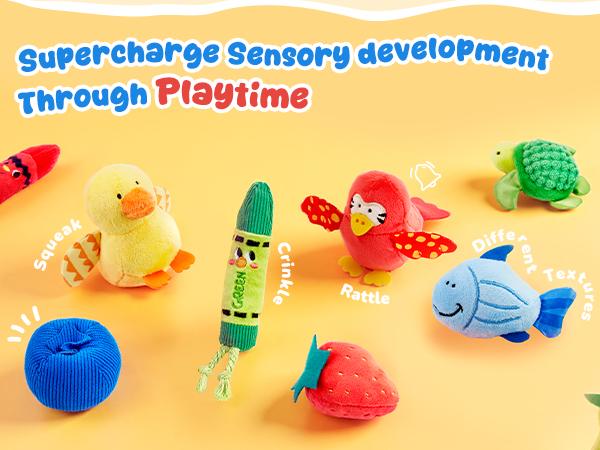 JoyCat Color Sorting Sensory Toys for Kids, Baby Montessori Toys, 12 PCS Push with 4 Boxes, Animal Fruit Crinkle Crayon Toys, Boy Girl Gift, Play Food