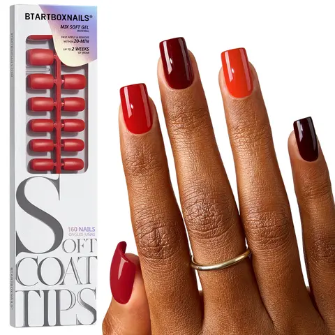 btartboxnails Soft Coat Red Press-On Nails Nail Supplies - Square, Almond or Stiletto Shapes, 4-Week Wear, Easy Application, Soak-Off, Salon Quality, 16 Multi-Sizes, 160 Pieces for Home Use