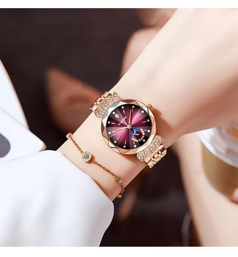 VEADONS Luxury Women's Jewelry Watch Diamond Cut Crystal Stainless Steel Case Water Resistant Moon Star Sun Design Elegant Wristwatch Perfect Gift for Her