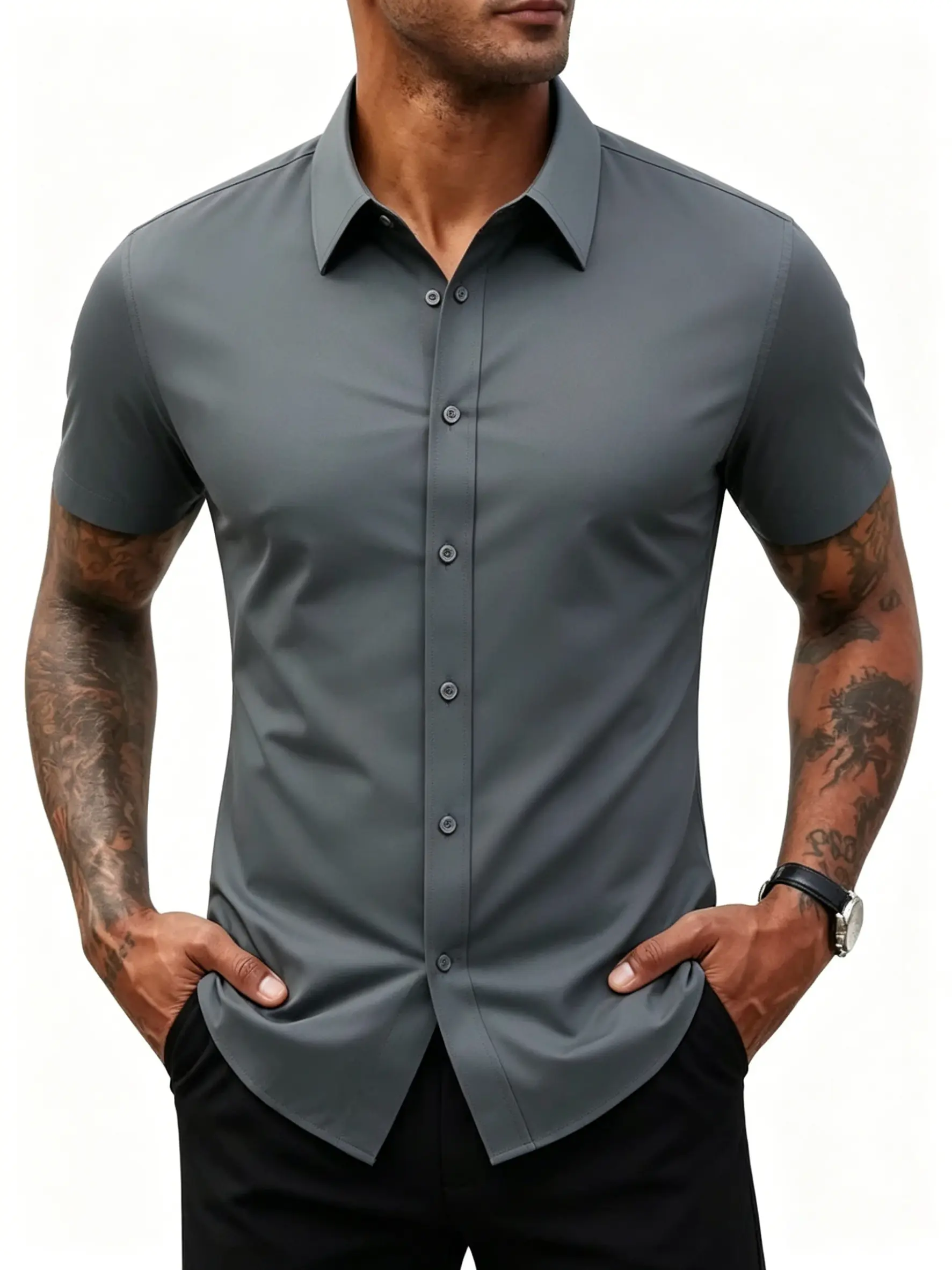 Men's slim-fit short-sleeve dress shirt, wrinkle-free solid color business casual button-up top, summer stretch formal shirt, Father's Day gift menswear