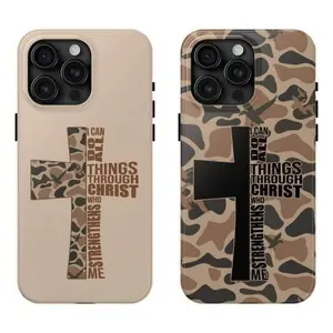 MagSafa Compatible Couple Style-Couple I Can Do All Things Through Christ Who Strengthens Me Camo Cross Phone Cases Phone Cover Hard Case Tough 2-Piece Phone Case