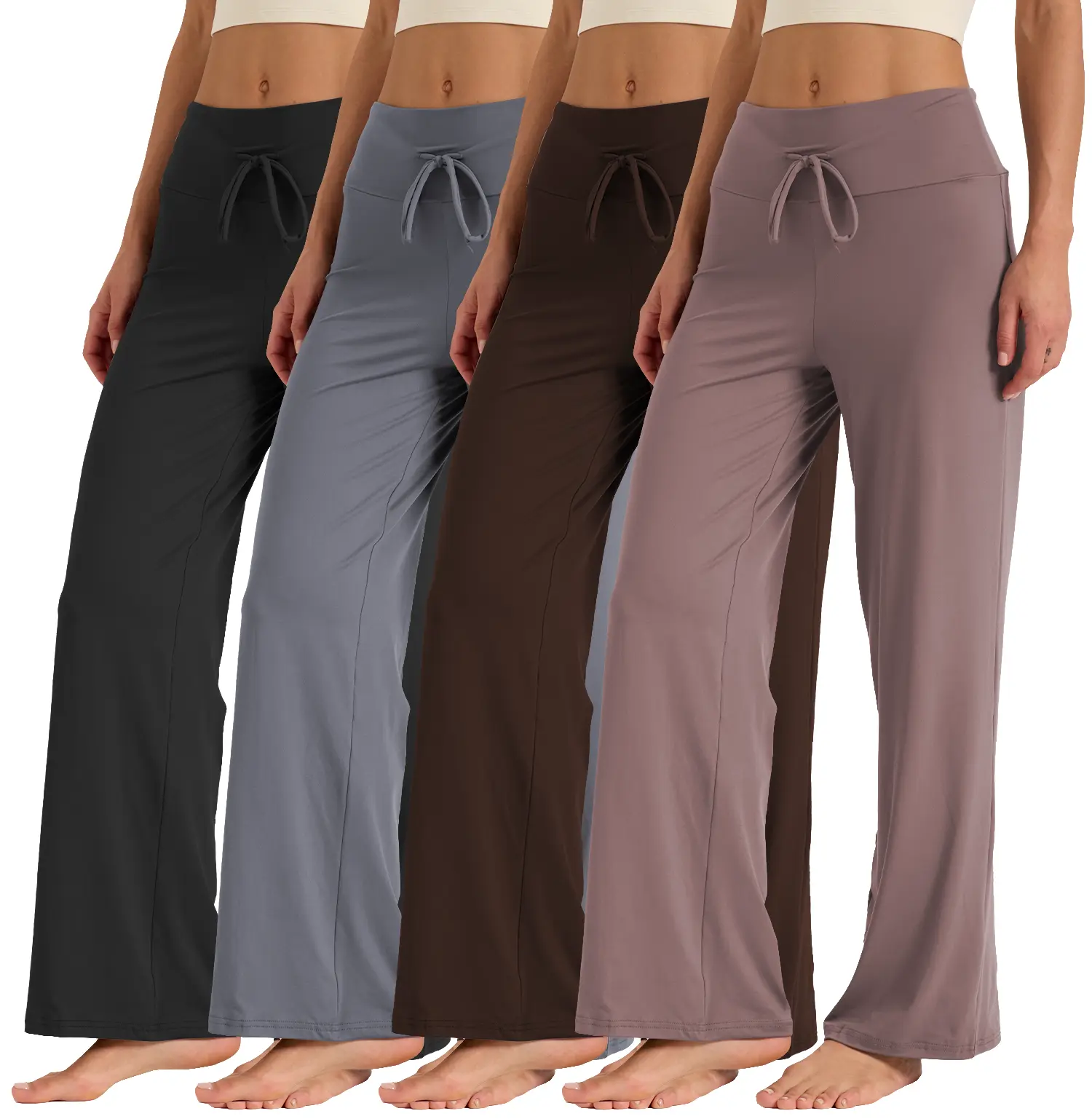 Lady's 4-Pack Baggy Wide Leg Pants - Soft High Waist Loungewear, Elastic Waistband Flowy Casual Palazzo Pants, Nightwear Pajama Set for Home & Daily Comfort