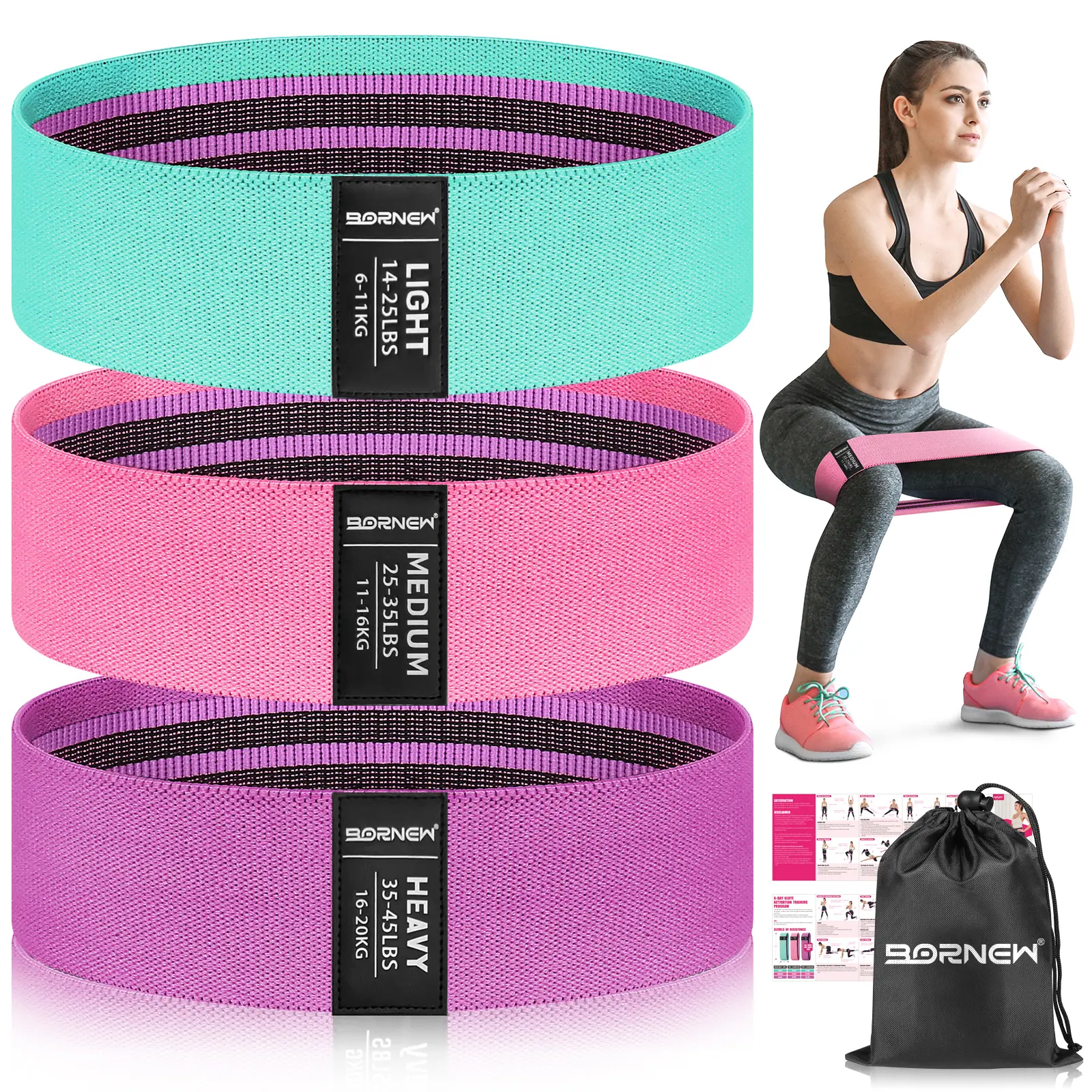 BORNEW Fabric Resistance Bands Set - Workout Accessories for Glute Growth, Lower Body Training, Resistance Band Exercises, Squat, Butt Lift, Yoga Stretch, Resistance Band Workout, Lower Body Workout