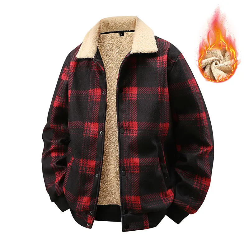 Men’s casual plaid jacket, fleece polo-collar jacket, fleece lining for warmth, comfortable long-sleeve shearling jacket, streetwear style, menswear, men’s tops, autumn/winter apparel