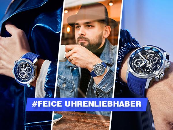 FEICE Men's Automatic Hollow Mechanical Watch, equipped with sapphire crystal, 5ATM waterproof and shockproof luminous display strap, suitable for all occasions