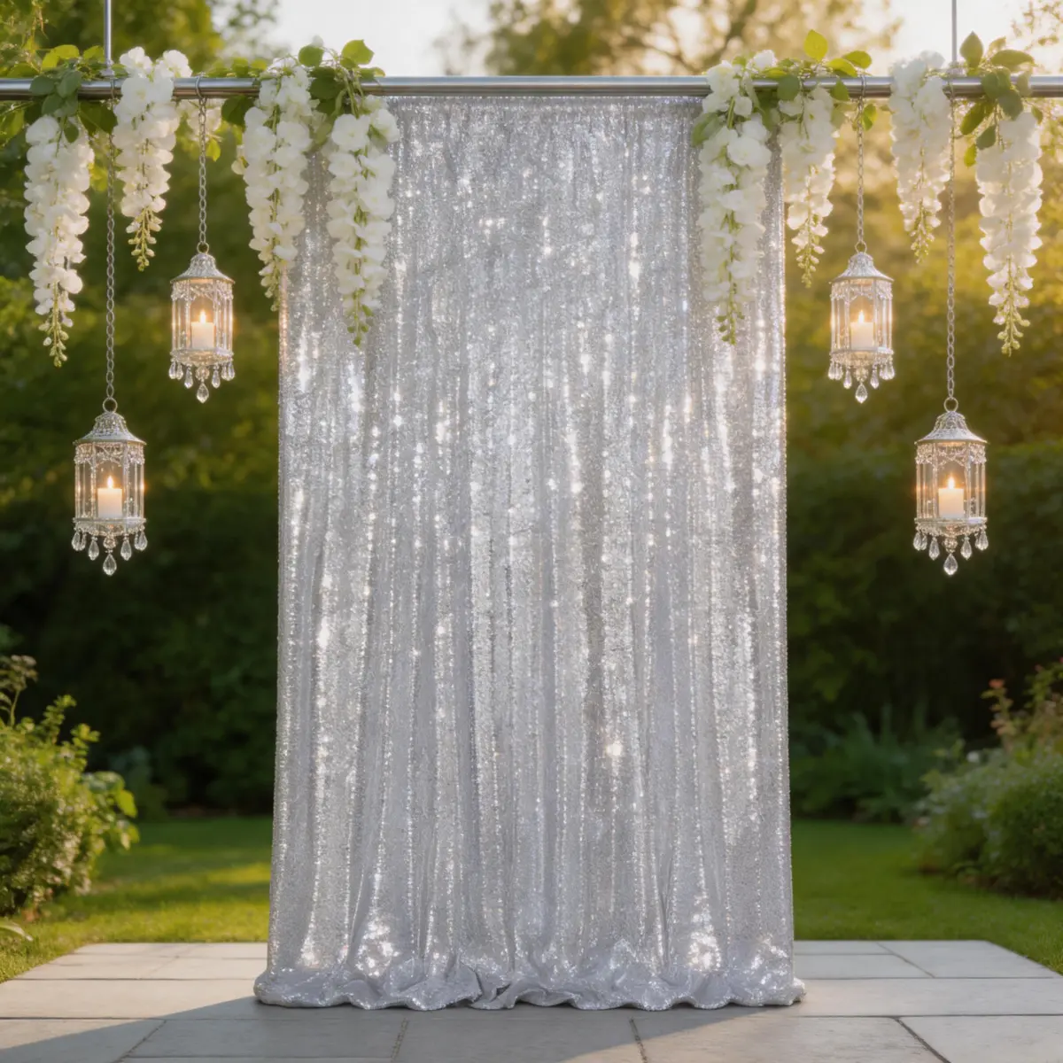 Shiny Round Silver Sequin Curtain Panel (4ftx8ft) - Light, Stable Festive Backdrop & Banner for Window Wall Decoration, Arch Photography Props, Flash Effect