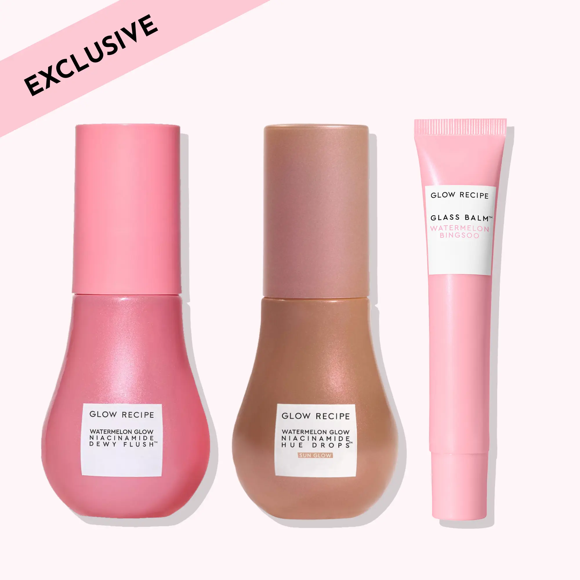 Glow Recipe Glow Hues 3-Piece Watermelon Makeup Set for a Radiant, Casual Makeup Routine with Hue Drops, Dewy Flush & Lip Balm, Glow Up, Clean Girl Makeup