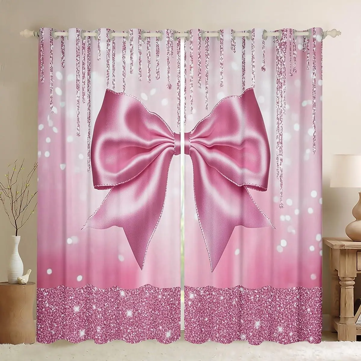 Kids Pink Bowknot Blackout Curtains Dreamy Princess Darkening Drapes Boys Girls Glitter Window Curtains Watercolor Bow Teens Window Treatments Bedroom Decor (2 Panels )