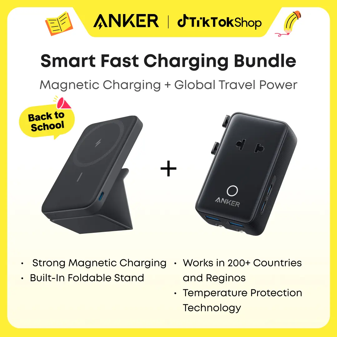Anker Magnetic Portable Charger (5,000mAh) - Mobile Charging Accessory with Built-In Foldable Stand, Side USB-C Port + Anker Nano 5-in-1 Ultra-Compact Global Charger for On-the-Road Use,back to school,back to school haul