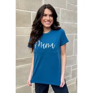 Cursive "Mama" Nursing T-Shirt - Blue, Short Sleeve, Casual Style, Ideal for Nursing Support
