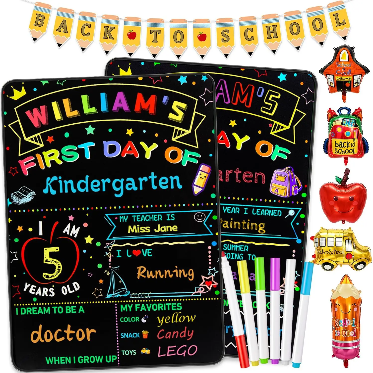 First Day & Last Day of School Board Sign Double-Sided 14" x 11" Reusable Chalkboard with 6 Liquid Chalk Markers Pencil Banner & 5 School Balloons Back to School Photo Prop for Preschool, Kindergarten & Elementary Students
